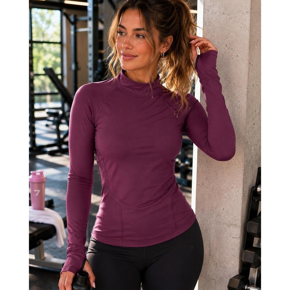 Yogalicious Plum Purple Mock Neck Long Sleeve Active Top Thumbholes Size M